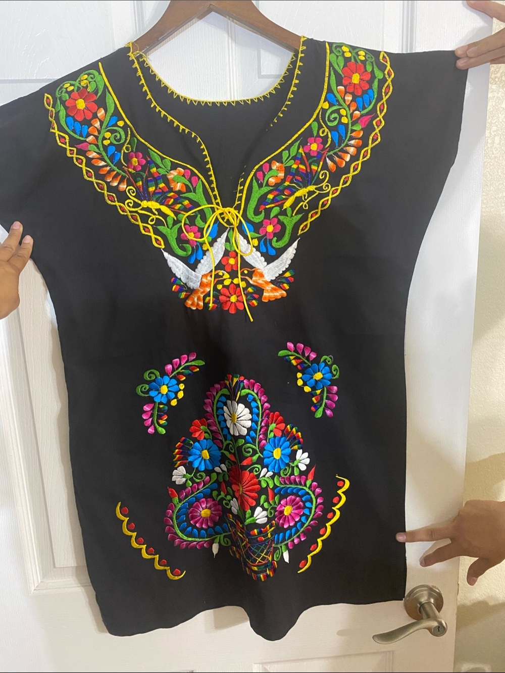Embroidered Black Mexican Tunic Top with Multicolor Floral Detail